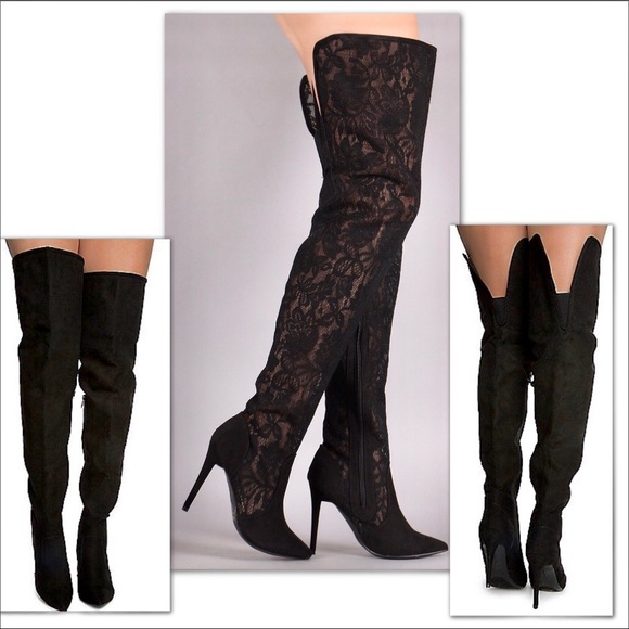 BLACK LACE SUEDE OVER THE KNEE BOOT - Picture 2 of 8